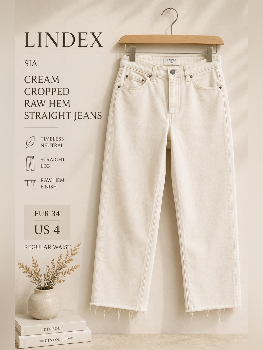 Lindex Sia Cream Cropped Raw Hem Straight Jeans US 4